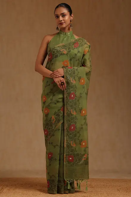 Green Chanderi Floral Woven Design Saree